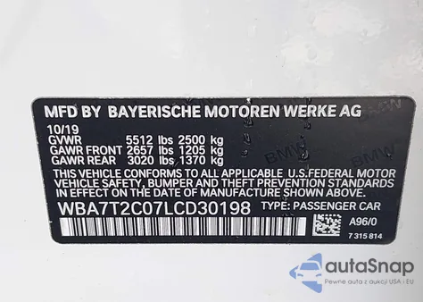 2020 BMW 740I z USA, uszkodzony, nr VIN WBA7T2C07LCD30198